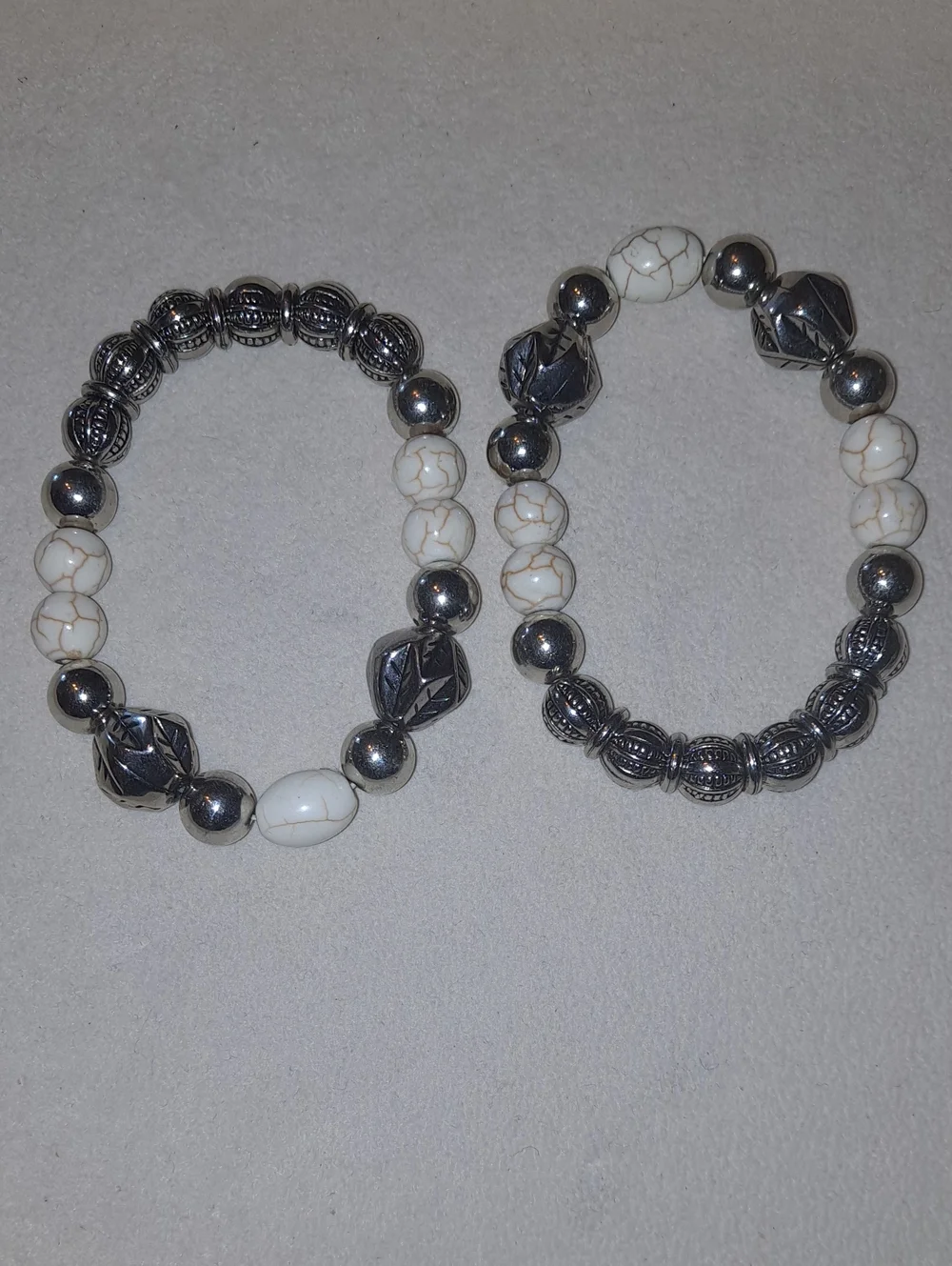 Silver and White Beaded Stretch Bracelet (Set of 2)
